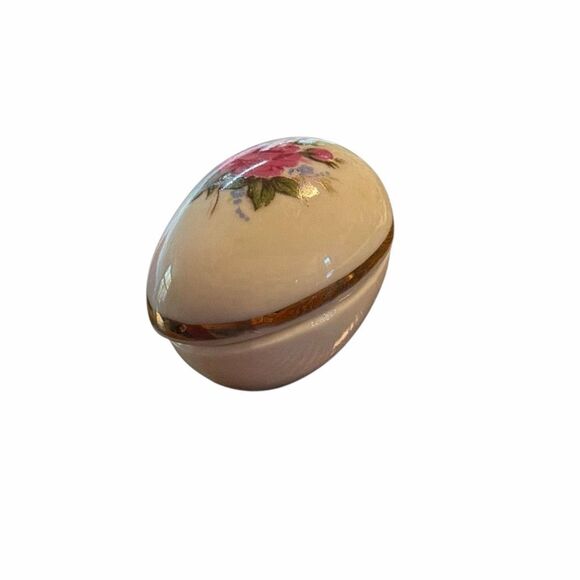 Vintage shackman made in Japan Ceramic Egg Trinket Box Rose lid Dish 1-1/2” x 2” - Picture 8 of 8